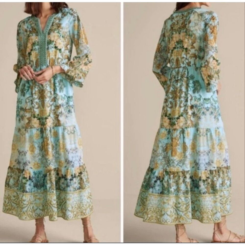 Soft Surroundings Baroque Maxi Dress Tiered Floral Lined Beaded Size Small